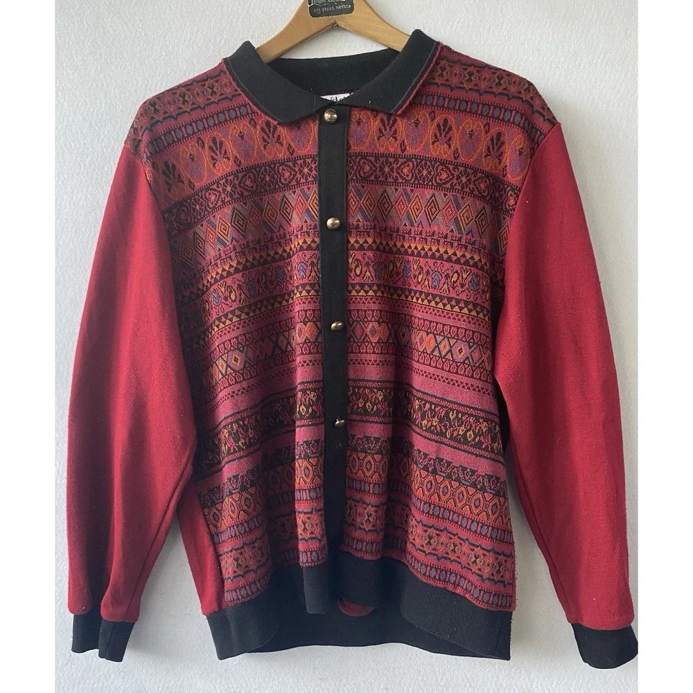 VTG Cricket Lane Sweater Cardigan Plaid‎ Red Gold Buttons Women's Large